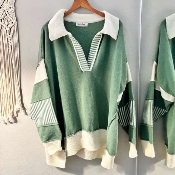 Peach Love California V-Neck Sweater in Green and Cream - Picture 2 of 3